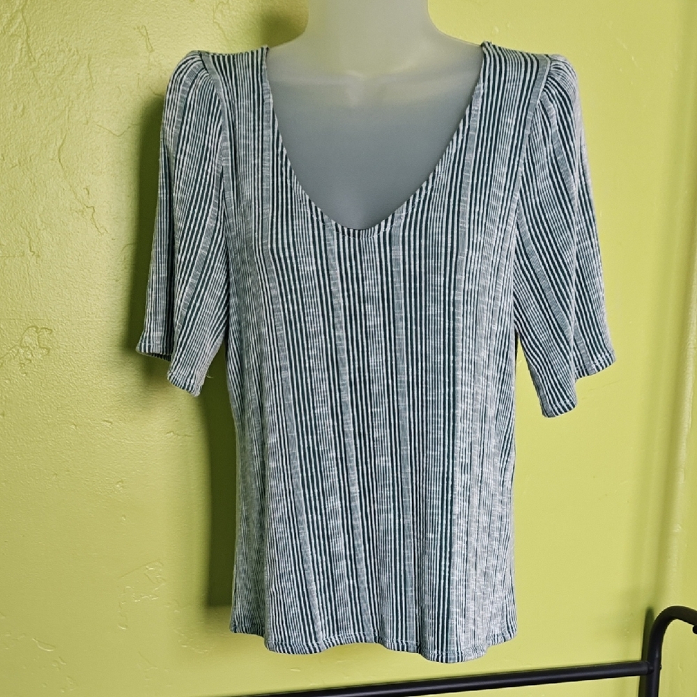 Women's Short Sleeve V-Neck Striped Tee - Green & White